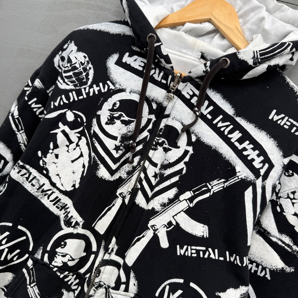 Y2K Metal Mulisha Zip Up Hoodie Black White AOP Skulls Jesse Pinkman Large - Picture 3 of 7